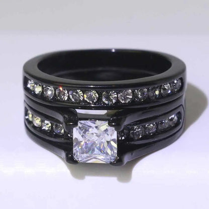 Luckacco Fashion Couple Rings Romantic White Rhinestones CZ Women Rings Set Simpe Men's Stainless Steel Rings For Couple Wedding Jewelry