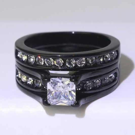 Luckacco Fashion Couple Rings Romantic White Rhinestones CZ Women Rings Set Simpe Men's Stainless Steel Rings For Couple Wedding Jewelry