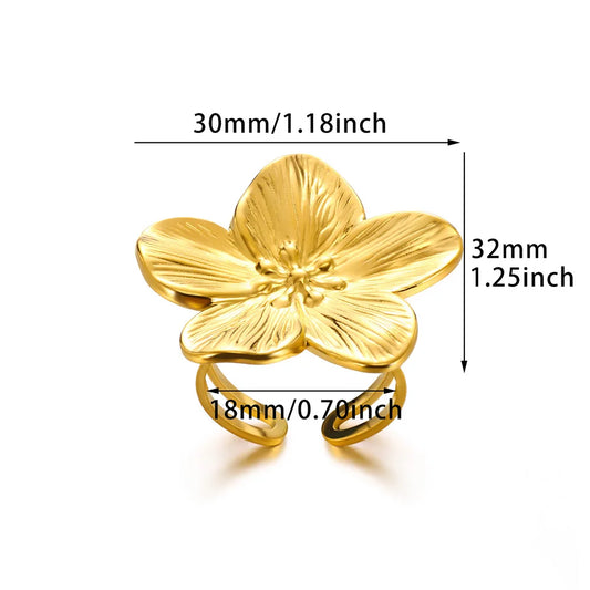 Luckacco Elegant Stainless Steel Big Bloom Flower Rings For Women Gold Color Sun Starfish Open Ring Finger Jewelry Wedding Her Gift Punk