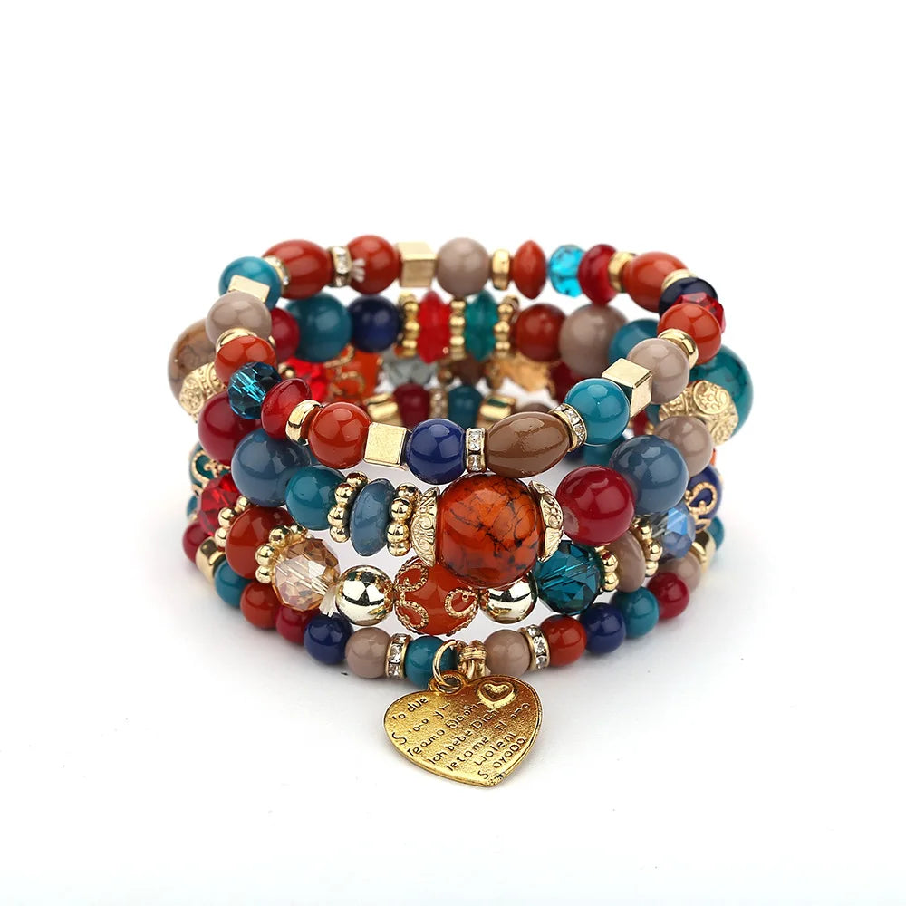 luckacco 4pcs/set boho ethnic heart beaded bracelet set for women handmade crystal beads chain bangle female bohemia jewelry gift