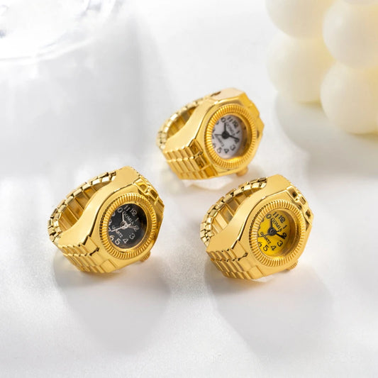 Luckacco Vintage Mini Finger Watch Rings Women's Retro Punk Rubber Band Alloy Quartz Clock Finger Couple Party Jewelry Gifts
