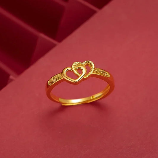 Luckacco Gold Color Open Mouth Ring Vietnamese Sand Gold Plated Double Heart Women's Love Rings Anillos De Acero Inoxidables Кольца