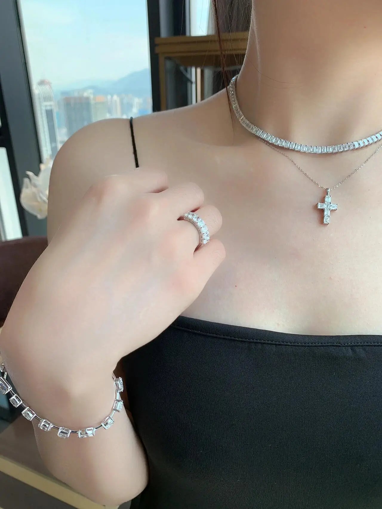 luckacco 18k solid real gold lab grow diamond necklace 6 stone emerald 2ct round cross pendant igi diamond cvd/hpht custom 14k gold