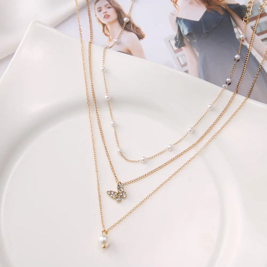 Luckacco Korean Elegant Pearl Beads Necklace for Women Fashion Rhinestone Shell Heart Pendant Necklace Girl Charms Vintage Choker Jewelry