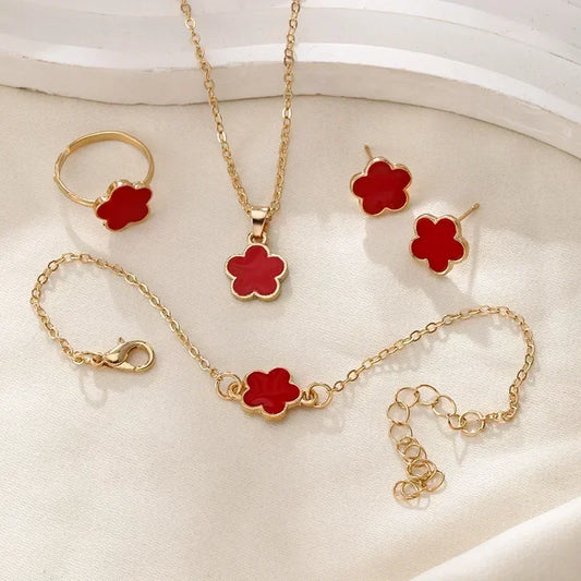 Luckacco Lucky Five-petal Flower Clover Earrings Necklace Ring Bracelet Four-piece Set for Woman Fashionable Accessories Party Jewelry