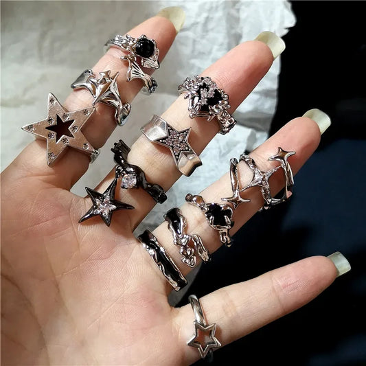 Luckacco Kpop Goth Punk Vintage Aesthetic Geometric Irregular Star Silver Color Ring For Women Egirl Grunge Y2K EMO Jewelry Accessories