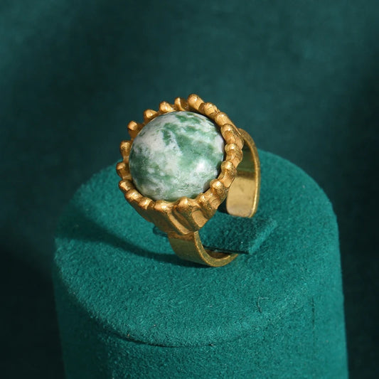 Luckacco Vintage Wedding Rings for Women Round Blue Natural Oval Green Crystal Horse Eye Shape Glass Retro Pattern Gold Color Jewelry