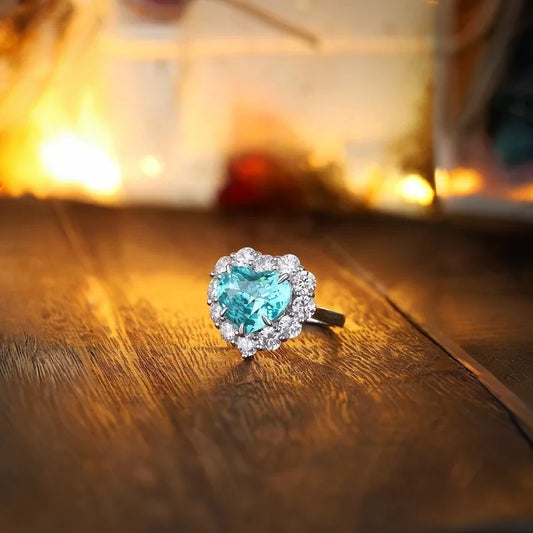 Luckacco Heart Shape 925 Silver Rings Lab Grown Paraiba Diamond Jewellery Gift for Her Wedding