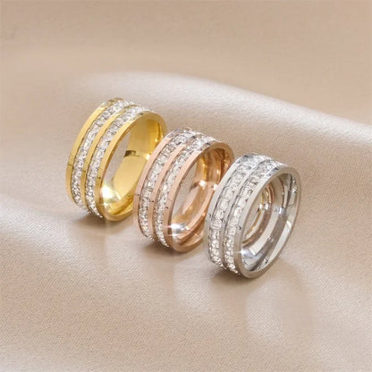 Luckacco 1 and 2 Rows Stones Ring for Women Quality Silver Rose Gold Color Stainless Steel Wedding Ring