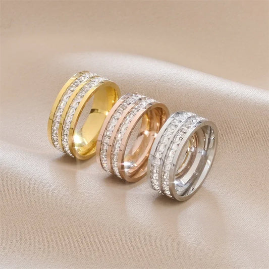 Luckacco 1 and 2 Rows Stones Ring for Women Quality Silver Rose Gold Color Stainless Steel Wedding Ring