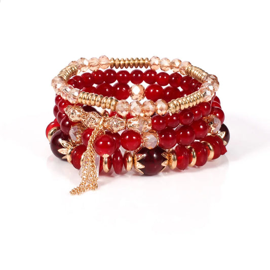 Luckacco 4 pieces/set Bohemian crystal tassel multi-layer elastic rope bracelet, handmade beaded bracelet, women's fashion accessories