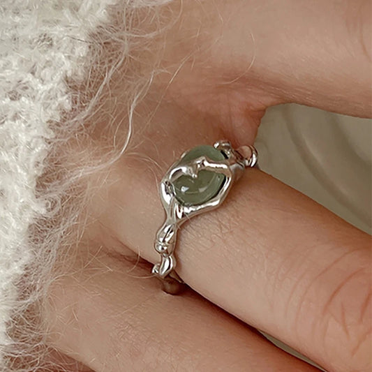Luckacco Foxanry Minimalist Silver Color Stone Rings for Women Couples New Fashion Creative Design Geometric Birthday Party Jewelry Gifts