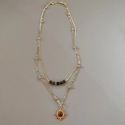 Luckacco Sun Star Zircon Necklace for Women Vintage Leather Necklace Double Layered Pendant Chain Choker Fashion Jewelry