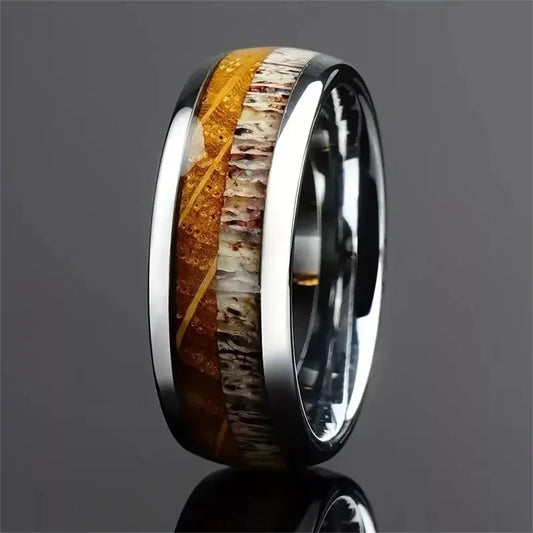 Luckacco Fashion 8mm Men Stainless Steel Rings Silver Color Brushed Deer Antler And Koa Wood Rings for Men Wedding Band Jewelry