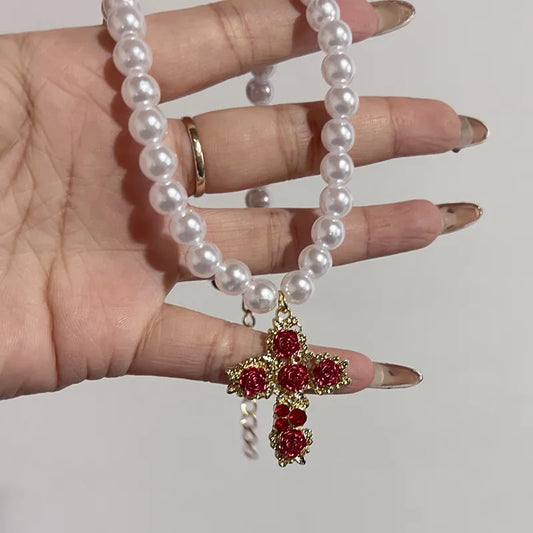 Luckacco Vintage Red Rose Baroque Cross Pearl Pendant Necklace for Women's Palace Aesthetic Jewelry