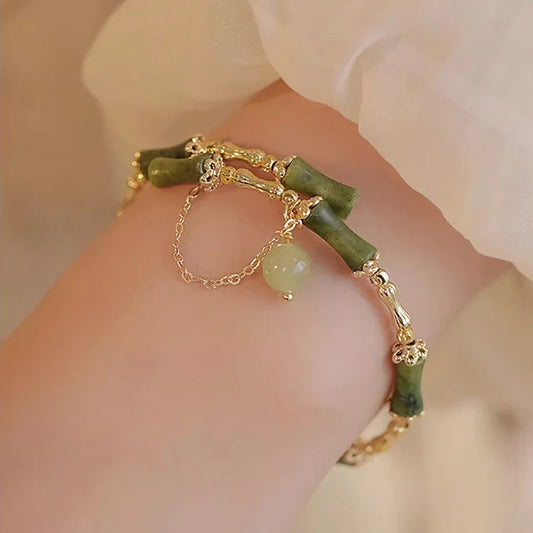Luckacco Handmade Green Bamboo Joint Beaded Bracelet for Women Leaves Tassel Flower Bracelets Bangles Girls Party Charm Jewelry Gifts
