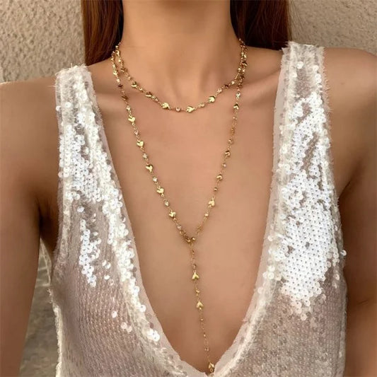 Luckacco Trendy Gold Silver Color Glass Long Y-Shaped Necklace Metal Collarbone Chain Summer Holiday Party Bohemian Body Jewelry Gifts