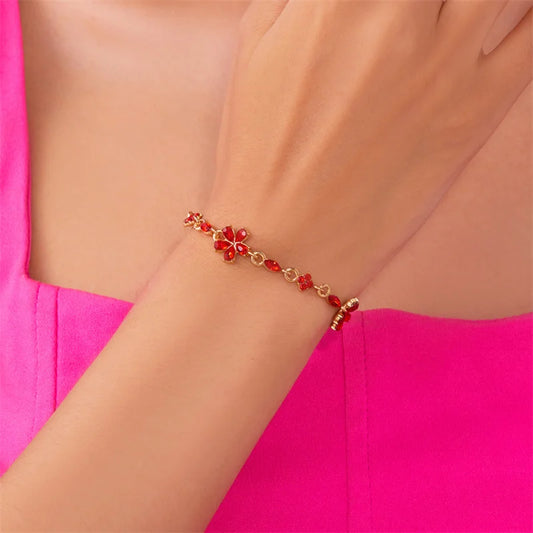 Luckacco Charm Red Crystal Zircon Flower Bracelet For Women Vintage Boho Full Rhinestone Flowers Bangles Girls Party Christmas Jewelry