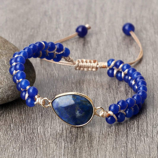 Luckacco Handmade Natural Chalcedony Stone Wrap Bracelet & Bangle Charm Lazurite Pendant Braided Beaded Bracelets Women Men Yoga Jewelry