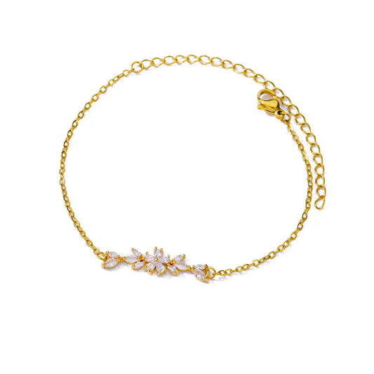 Luckacco Elegant Zircon Flowers Bracelet For Women Girls Charm Gold Color Stainless Steel Plant Bracelets Luxury Designer Jewelry Gifts