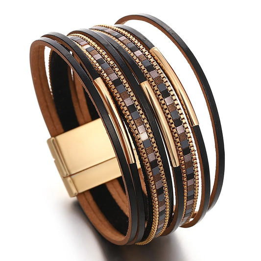 Luckacco ALLYES Trendy Colorful Square Leather Bracelet for Women Men Boho Metal Tube Multilayer Wrap Wide Bracelets Charm Party Jewelry