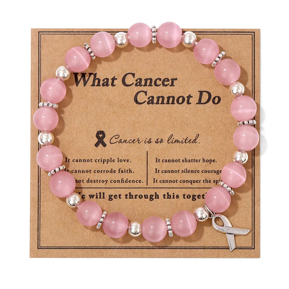 luckacco handmade cat eye stone bracelet opal quartz pink ribbon beads charm bracelets for women breast cancer awareness jewelry gift