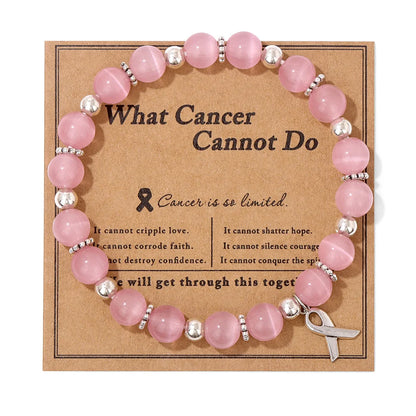 Luckacco Handmade Cat Eye Stone Bracelet Opal Quartz Pink Ribbon Beads Charm Bracelets for Women Breast Cancer Awareness Jewelry Gift