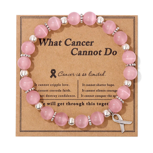 Luckacco Handmade Cat Eye Stone Bracelet Opal Quartz Pink Ribbon Beads Charm Bracelets for Women Breast Cancer Awareness Jewelry Gift