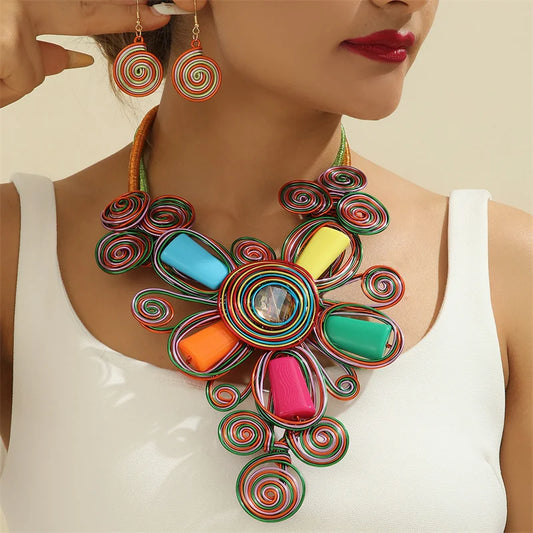 Luckacco New Exaggerate Aluminium Flower Colorful Jewelry Set for Women African Bridal Necklace Earrings Set Party Jewellery Gifts