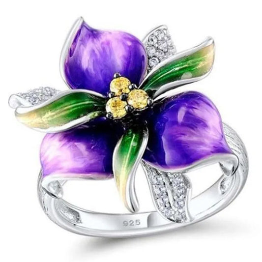 Luckacco Flower Collection ! Exquisite Colorful Cubic Zircon Flower Engagement Ring For Women Party Jewelry Hand Accessories Size 6-10
