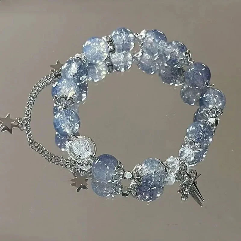 luckacco niche design star chain tassel bracelet for women fantasy blue crystal beads elastic rope bracelet best friend jewelry gifts