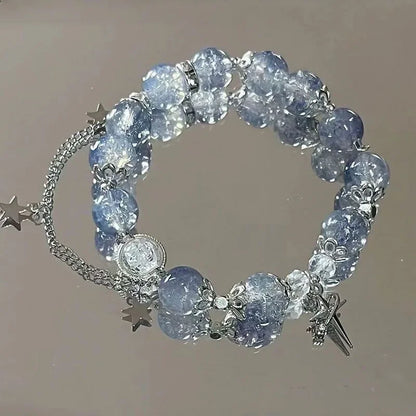 Luckacco Niche Design Star Chain Tassel Bracelet for Women Fantasy Blue Crystal Beads Elastic Rope Bracelet Best Friend Jewelry Gifts