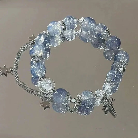 Luckacco Niche Design Star Chain Tassel Bracelet for Women Fantasy Blue Crystal Beads Elastic Rope Bracelet Best Friend Jewelry Gifts