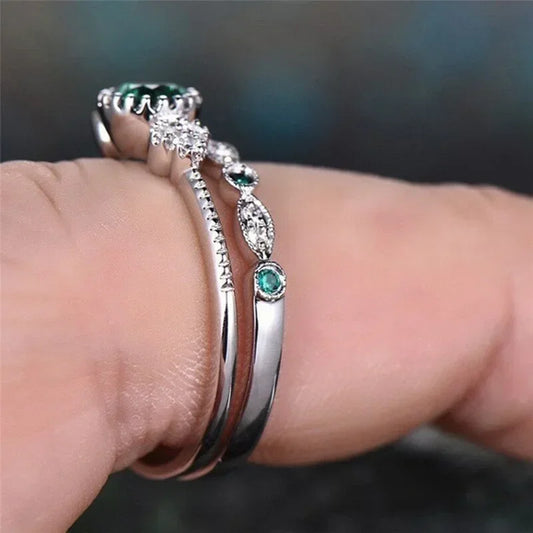 Luckacco 925 Sterling Silver Ring Set with Emerald Zircon Crystals for Women Engagement Wedding Glamour Jewelry Gifts