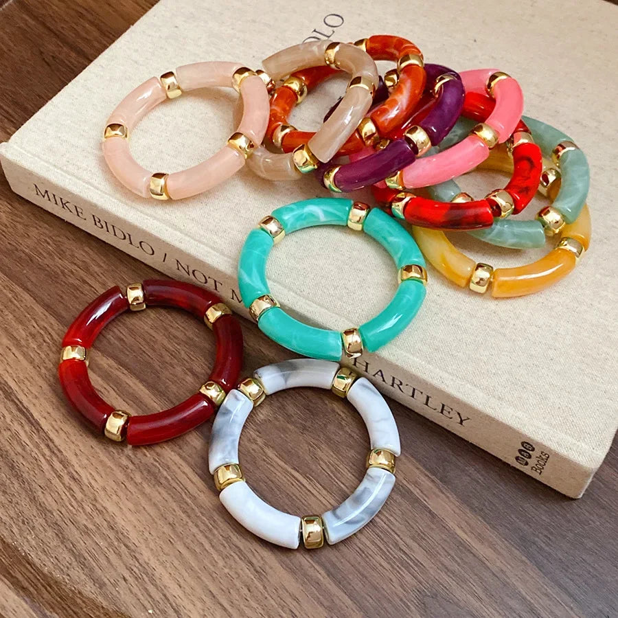 luckacco splicing bamboo tube acrylic smudging bangles for women men fashion geometric elastic bracelets bangles jewelry couple gifts f