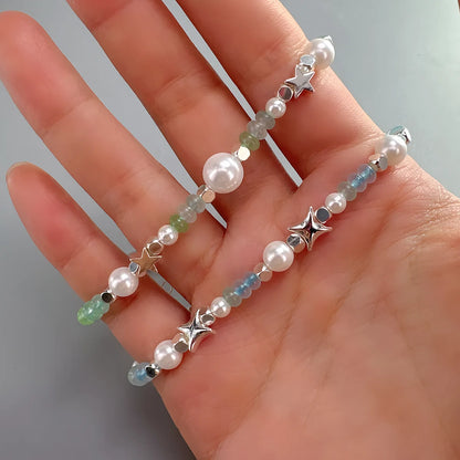Luckacco VENTFILLE 925 Sterling Silver 6mm Shell Pearl Glass Bead Star Bracelet For Women Gift Crushed Silver Jewelry