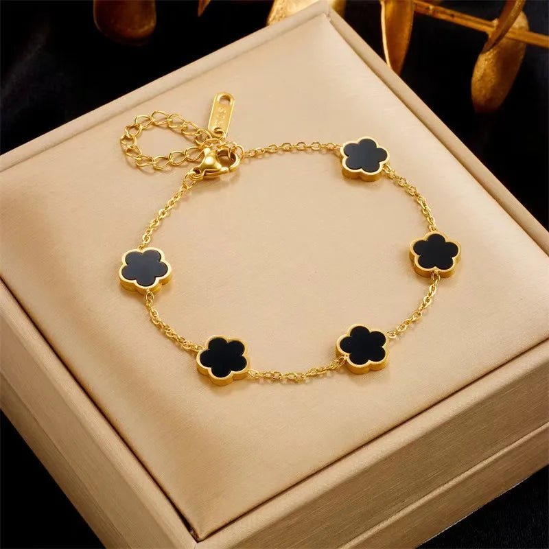 luckacco lucky cute colorful five-leaved flower stainless steel bracelets for women fashion light luxury paty jewelry gifts