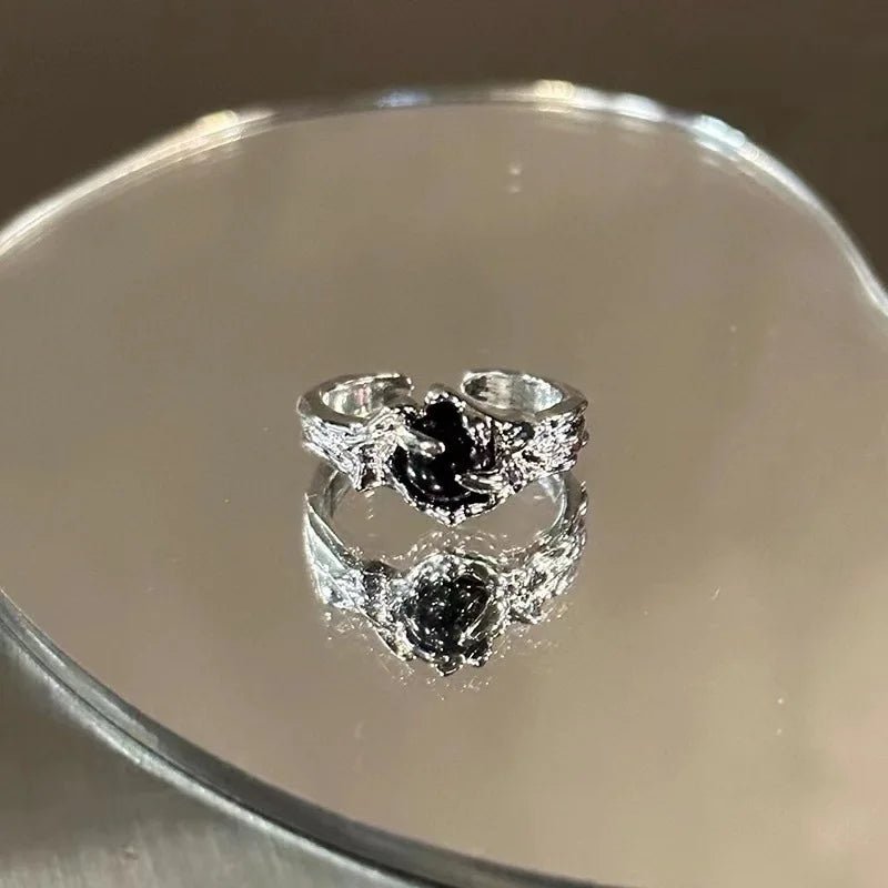 luckacco gothic irregular gemstone ring aesthetic girls adjustable black stone ring women's liquid punk ring vintage jewelry accessories