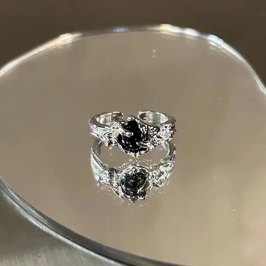 Luckacco Gothic Irregular Gemstone Ring Aesthetic Girls Adjustable Black Stone Ring Women's Liquid Punk Ring Vintage Jewelry Accessories