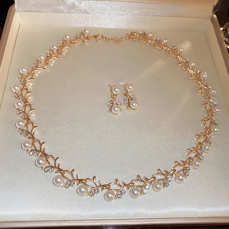 luckacco 3 pcs rhinestone pearl rectangular earrings necklace set two-piece vintage choker accessory light luxury jewelry sets wedding