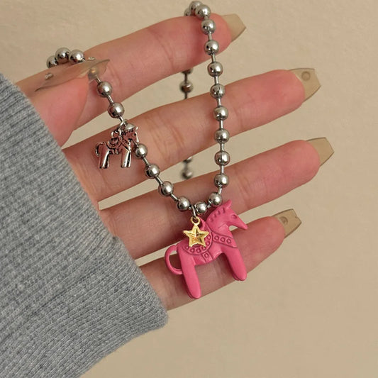Luckacco Funny Silver Color copper Beads Horse Pendant Necklace Black Choker Necklace Pink White Enamel Pendant Necklace for Women