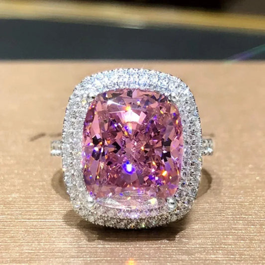 Luckacco Style Pink Sparkling Zircon Princess Square Engagement Ring for Ladies and Girlfriends Luxury Proposal  Gift Fashion Jewelry