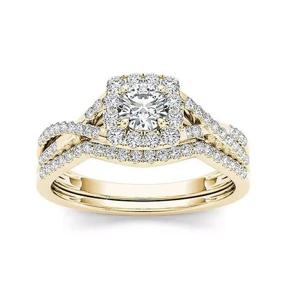 Luckacco Charm Square Round Gold Color White Stone Rings Set Fashion Metal Party Rings for Women Jewelry