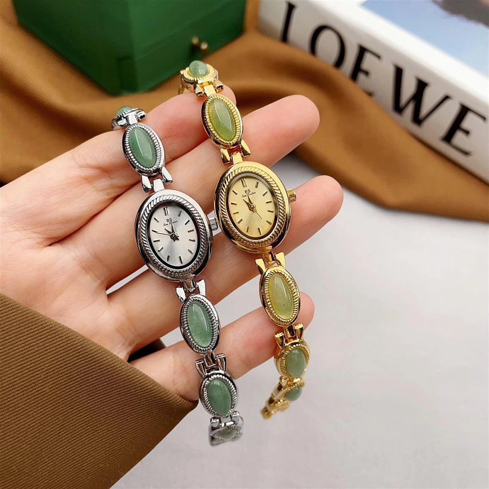 luckacco women's gold watch vintage brown jade bracelet small dial quartz daily wear party clock luxury waterproof ladies watches gifts