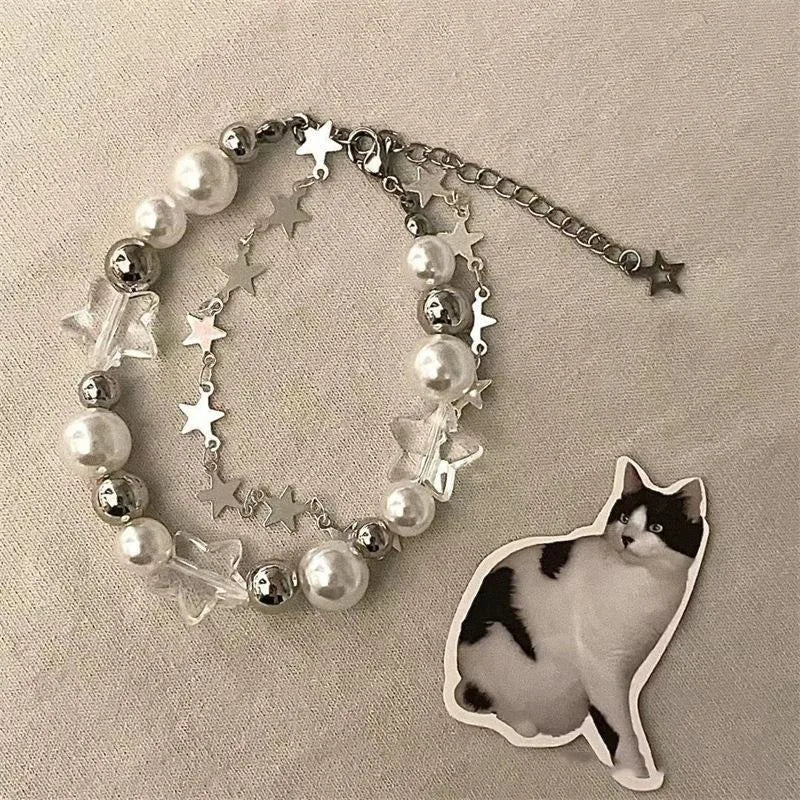 luckacco star pentagram pearl beaded bracelet for women harajuku crystal vintage aesthetic charm double layer chain bracelet jewelry gift
