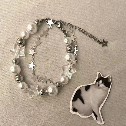 Luckacco Star Pentagram Pearl Beaded Bracelet for Women Harajuku Crystal Vintage Aesthetic Charm Double Layer Chain Bracelet Jewelry Gift