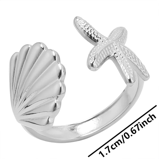 Luckacco 1pc Stylish Marine Jewelry Ocean Sea Animals Conch Starfish Shell Ring Stainless Steel Jellyfish Scallop Rings Women Charm Gift