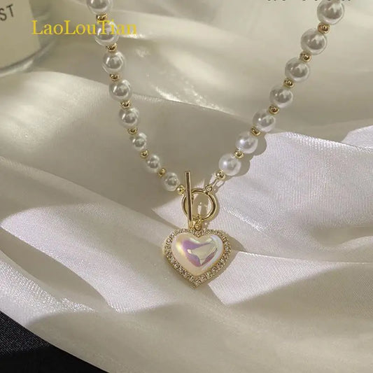 Luckacco Korean Elegant Pearl Beads Necklace for Women Fashion Rhinestone Shell Heart Pendant Necklace Girl Charms Vintage Choker Jewelry