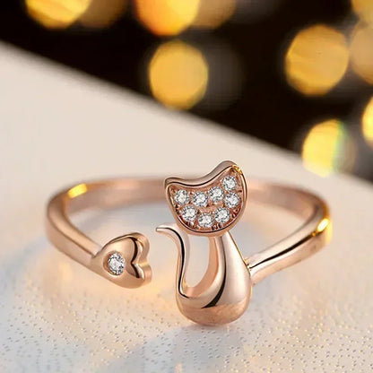 Luckacco Charm Crystal Top Quality Cubic Zirconia Crystal Inlaid Cute Animal Cat Ring for Women Girls Fashion Animal Anillo De Mujer Open