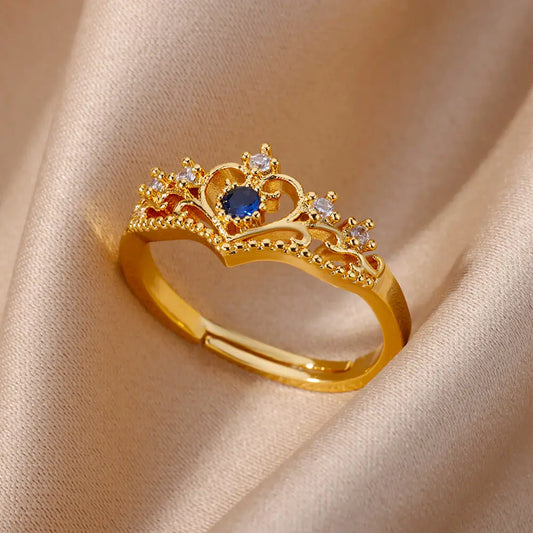 Luckacco Blue Zircon Crown Rings For Women Stainless Steel Adjustable Crown Ring 2023 Trend Design Female Wedding Jewerly